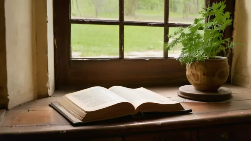Un escritorio de madera vintage, iluminado suavemente por la tarde, con papeles amarillentos, una pluma y un tintero, evoca una atmósfera de reflexión y exploración literaria