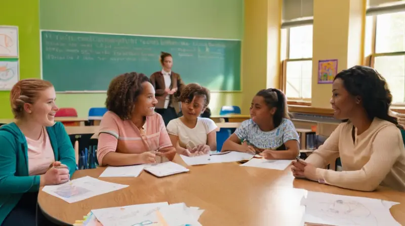 Un grupo diverso de estudiantes en un aula luminosa discute activamente