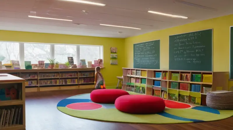 Un aula cálida y luminosa con mesas variadas, decoraciones inspiradoras y niños colaborando