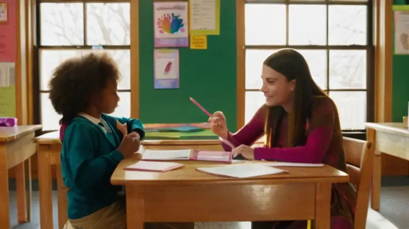 Un aula iluminada y llena de vida donde niños diversos colaboran y discuten, rodeados de materiales coloridos y un ambiente de aprendizaje compartido